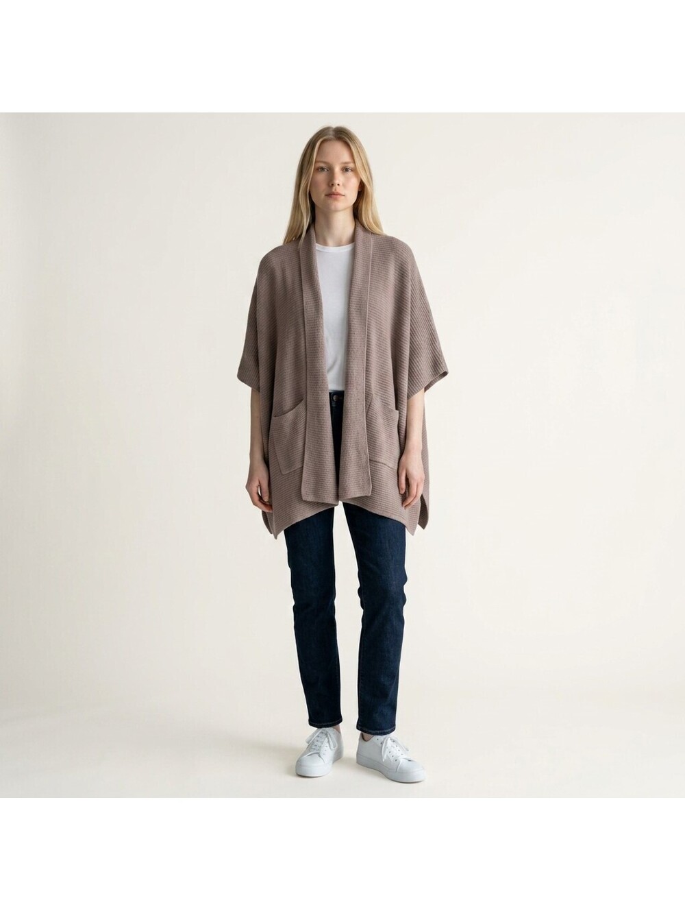 Aerie Cape Women M Medium Brown Knit Hooded Open Front Short Sleeve Soft Pockets